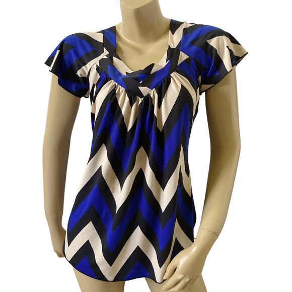 PERSEPTION CONCEPT Womens Size Small Short Sleeve V Neck Chevron Striped Shirt - Picture 1 of 8